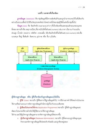 ห น้ า | 3

บทที 2 เอกสารทีเกียวข้อง
ฐานข้อมูล (database) คือ กลุ่มข้อมูลทีมีความสัมพันธ์กันและถูกนํามารวบรวมไว้ในทีเดียวกัน
อย่างเป็นระบบเพือนําไปใช้ในวัตถุประสงค์อย่างใดอย่างหนึงโดยกลุ่มผู้ใช้ตังแต่หนึงกลุ่มขึนไป
ข้อมูล (data) คือ ข้อเท็จจริง (real facts) ต่าง ๆ ทีเกียวข้องหรือแสดงคุณลักษณะของบุคคล
สิงของ สถานที หรือ เหตุการณ์ใดๆ ทีอาจเป็นได้ทังตัวเลข (numeric) เช่น ราคา ปริมาณ จํานวนเงิน
ส่วนสูง นําหนัก ระยะทาง รหัสวิชา เกรดเฉลีย หรือ ข้อเท็จจริงทีไม่ใช่ตัวเลข (non-numeric) เช่น ชือ
นามสกุล ทีอยู่ ชือสินค้า ข้อความ รูปภาพ หรือ อืน ๆ เป็นต้น
ผู้ใช้งานฐานข้อมูล หรือ ผู้ทีเกียวข้องกับฐานข้อมูลแบ่งได้เป็น
1. ผู้ใช้ (User) หมายถึง ผู้ทีต้องการใช้ฐานข้อมูลทัวไป การใช้งานอาจทําได้โดยผ่านโปรแกรม
ใช้งานหรือผ่านระบบการจัดการฐานข้อมูลถ้ามีความรู้เกียวกับระบบเพียงพอ
2. ผู้เขียนโปรแกรมใช้งาน (Application Programmer) หมายถึง ผู้ทีสร้างฐานข้อมูลและ
พัฒนาโปรแกรมใช้งานสําหรับให้ผู้ใช้สามารถใช้งานฐานข้อมูล
ได้ง่าย และให้ผู้บริหารฐานข้อมูลสามารถจัดการฐานข้อมูลได้สะดวกขึน
3. ผู้บริหารฐานข้อมูล (Database Administrator) หมายถึง ผู้ทีออกแบบฐานข้อมูล ดูแล
รักษาและจัดการฐานข้อมูลให้ปลอดภัย ทันสมัย และถูกต้องอยู่เสมอ
 