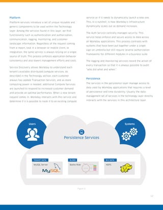 12
Platform
Platform services introduce a set of unique reusable and
generic components to be used within the Technology
layer. Among the services found in this layer, we find
functionality such as authentication and authorization,
communication, logging, monitoring, and customer-
landscape information. Regardless of the request coming
from a report, task in a browser or mobile client, or
integration, the same service is always relying on a single
source of truth. This process enforces application-behavior
consistency and also lowers management efforts and costs.
Service Discovery allows Workday to understand each
tenant’s available distributed compute services. As
described in the Technology section, each customer
always has Update Transaction Services, and as more
computing power is needed, additional Compute Services
are launched to respond to increased customer demand
and provide an optimal performance. When a new tenant
request comes in, Workday interacts with this service and
determine if it is possible to route it to an existing compute
service or if it needs to dynamically launch a new one.
This, in a nutshell, is how Workday’s infrastructure
dynamically scales out as demand increases.
The Auth Service centrally manages security. This
service helps enforce and secure access to data across
all Workday applications. This process contrasts with
systems that have been put together under a single
sign-on umbrella but still require several authorization
frameworks for different modules in a business suite.
The logging and monitoring services record the action of
every transaction so that it is always possible to audit
“who did what and when.”
Persistence
The services in the persistence layer manage access to
data used by Workday applications that requires a level
of persistence and time durability. Usually the data-
management set of services in the technology layer directly
interacts with the services in this architecture layer.
Figure 9
SystemsUsers
Persistence Services
TENANT DATA BLOBS BIG DATA
Basho Riak HDFSMySQL Server
 