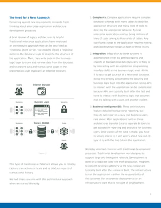 4
The Need for a New Approach
Delivering against new requirements demands fresh
thinking about enterprise-application architecture
development processes.
A brief review of legacy architectures is helpful.
Traditional enterprise applications have employed
an architectural approach that can be described as
“relational client-server.” Developers create a relational
model in the database layer to describe the structure of
the application. Then, they write code in the business-
logic layer to store and retrieve data from the database,
and to present data and transactional pages in the
presentation layer (typically an Internet browser).
Users
Business Logic Security
Internet Browser
Systems Data in RDBMS Cube
Users
1 1
10
0 0
Systems
1 1
10
0 0
01 INPUT NAME “JOHN”
02 INPUT TITLE
“PROJECT MANAGER”
03 PRINT “INPUT NAME”
“INPUT TITLE”
This type of traditional architecture allows you to reliably
capture transactions at scale and to produce reports of
transactional history.
We had three concerns with this architectural approach
when we started Workday:
1. Complexity: Complex applications require complex
database schemas with many tables to describe
application structure and many lines of code to
describe the application behavior. Typical
enterprise applications end up being millions of
lines of code talking to thousands of tables. Any
significant change to the application requires making
and coordinating changes at both of these levels.
2. Integration: Integration to other systems is
accomplished either by getting exports and
imports of transactional data (typically in files) or
by interacting with an application programming
interface (API) at the business-logic level. While
it is easy to get data out of a relational database,
doing this directly circumvents the security and
business logic built into the application. Using APIs
to interact with the application can be complicated
because APIs are typically built after the fact and
have to interact with business logic that assumes
that it’s talking with a user, not another system.
3. Business Intelligence (BI): These architectures
feature detailed transactional reporting, but
they do not report in a way that business users
care about. Most applications built on these
architectures transfer data to separate BI tools to
get acceptable reporting and analytics for business
users. Once a copy of the data is made, you have
to secure access to it and worry about how out-of-
sync it is with the live data in the application.
Workday also had concerns with traditional development
processes. Traditional development was designed to
support large and infrequent releases. Development is
done on a separate code-line from production. Programs
to convert existing customers to the new release are
typically built after the release is built. The infrastructure
to run the application is either the responsibility of
the customer (for on-premise deployments) or an
infrastructure team that is not part of development.
Figure 2
 