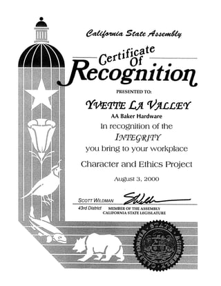 CA State Assembly Certificate Of Recognition