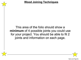 This area of the folio should show a  minimum  of 4 possible joints you could use for your project. You should be able to fit 2 joints and information on each page. Name and Page No Wood Joining Techniques 