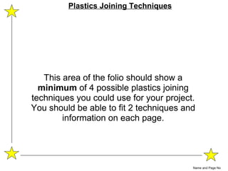 This area of the folio should show a  minimum  of 4 possible plastics joining techniques you could use for your project. You should be able to fit 2 techniques and information on each page. Name and Page No Plastics Joining Techniques 