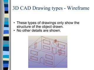 3D CAD Drawing types - Wireframe These types of drawings only show the structure of the object drawn. No other details are shown. 