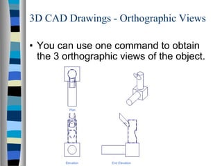3D CAD Drawings - Orthographic Views You can use one command to obtain the 3 orthographic views of the object. Elevation Plan End Elevation 