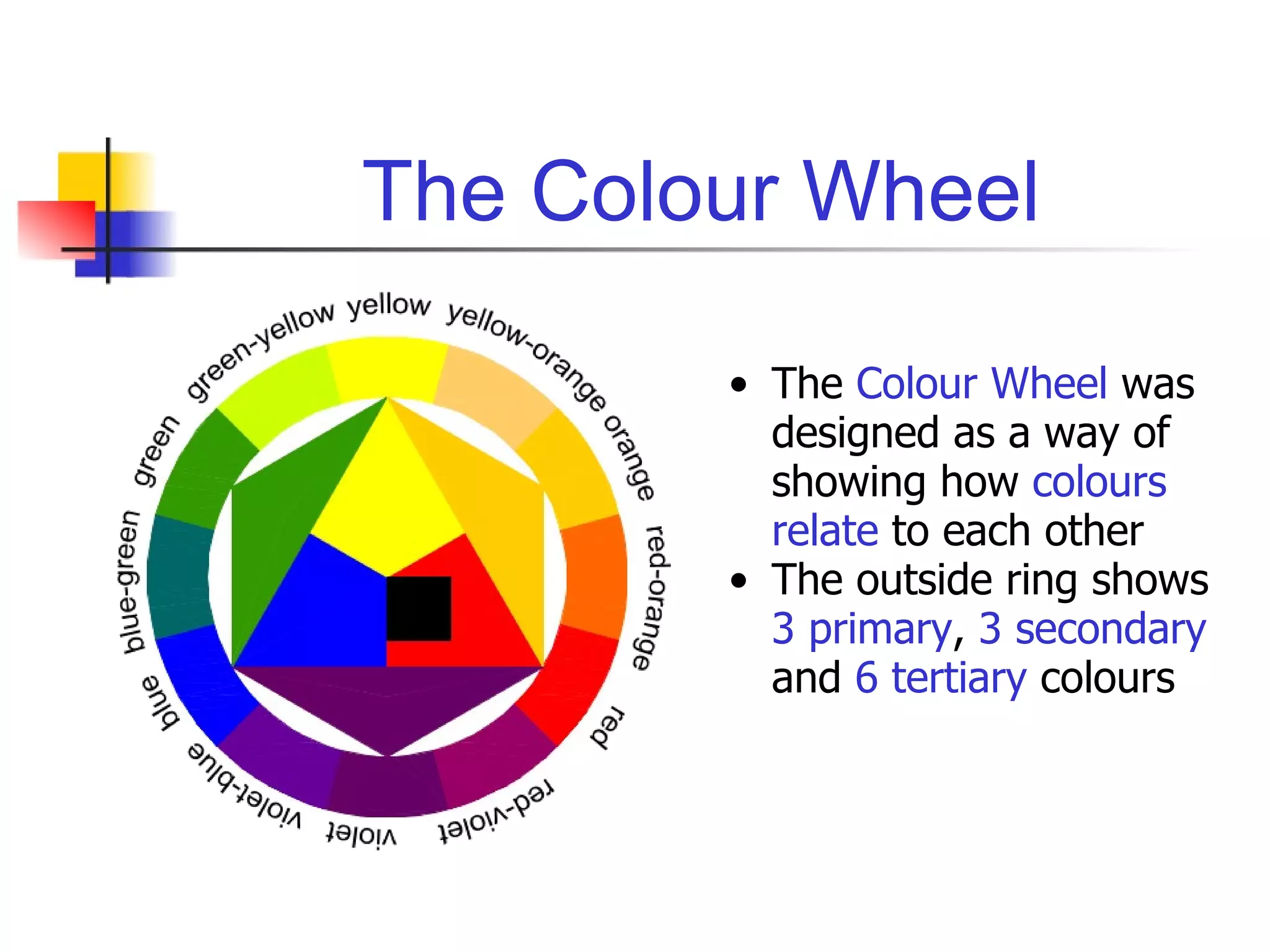The Colour Wheel The  Colour Wheel  was designed as a way of showing how  colours relate  to each other The outside ring shows  3 primary ,  3 secondary  and  6 tertiary  colours 