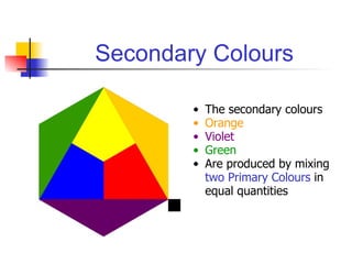 Secondary Colours The secondary colours Orange Violet Green Are produced by mixing  two Primary Colours  in equal quantities 