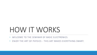 HOW IT WORKS
• WELCOME TO THE SEMINAR OF BASIC ELECTRONICS.
• ENJOY THE ART OF PHYSICS - THIS ART MAKES EVERYTHING SMART.
 