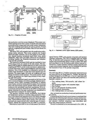 .....MANUAL
SPllD
•o
IJTIIACTOR
"""
ffi±±Hf8If9
Fig. 13 - Roughing mill pulpit.
SP'EEO
OAK
AUX
OAK
IAK
TRACK
....
ALARM SCREEN
PAINTER PAINTER
SETUI'
vou
the production overview screen displayed. This screen com-
bines tracking zones with a mimic ofstands and mill sensors
to provide strip in stand and strip under sensor indications.
The three tracking zones shown are next to extract, furnace
delivery, roughing mill and Coilbox. Slab !D's are shown for
all zones.
The setup VDU will normally have the model setup calcu-
lations screen selected. This screen presents the rougher
stand and edger schedule. Up to nine passes of screw posi-
tion, descale practice, horizontal stand draft, force, speed,
sideguides, edger draft and edger references are displayed.
Incoming transfer bar finishing dimensions and tempera-
tures are also provided.
The interactive keyboard (IAK) and the trackball in front
of the setup screen are typical of all mill pulpits. The key-
board (IAK) is used for displayselection for each ofthe three
roughing mill VDU's, screen cursor movement, alphanumer-
ic screen data entry, alarm acknowledgment and drive mode
selection. Use of the trackball is an alternative method for
screen cursor movement. To the rear of the operator are two
printers. The alarm logger will print all roughing mill area
alarms of interest to the operator. The screen printer can be
used by the operator for a hard copy printout of any rough-
ing mill VDU screen.
A drive level diagnostic panel, mounted on the front of the
drive control and power conversion package, displays micro-
processor driven LED's arranged functionally to indicate
motor faults, converter faults and drive status. Conventional
setup and annunciator panels located within the electrical
rooms provide centralized local fault monitoring. Drive an-
nunciations and faults (detected by the DMC's) and process
alarms (detected by the area computers) are transferred to
the supervisory computer for alarm logging.
The operator interface system automation level alarms
and diagnostics system is a system-wide automation func-
tion. It provides all mill operators with VDU alarm messages
and alarm printouts identifying abnormal operating condi-
tions. Three different alarm types (severe, error and infor-
mational) are supported and color coded for ease of compre-
hension. Alarms can originate from any DMC or computer.
Redundancy is provided in the critical areas of the control
'48 Iron and Steel Engineer
.-------
r---
CSF •1 CABLE B
REPEATER
·------------
FURN/ RM
AREA &
OIS
COMP's
CSF A CABLE
-----,
FM/
COlLER
AREA &
015
COMP"s
COIL BOX
&SHEAR
OMC's
. I
~--------------------
CSF 112 CABLE B
REPEATER
: : ~ - - r:::--1---_j
I - - - -
I
-------
Fig. 14 - Redundant control signal freeway (CSF) system.
signal freeway (CSF}, area process computers and operator
interface computers. The CSF is installed with two cables
(Fig. 14) between each (computer or DMC) CSF station. The
system will automatically detect a break in either CSF cable
and reconfigure to use the backup cable without manual in-
tervention. A spare operator interface system computer and
.a spare area process computer can be initialized to perform
the functions of any of the process computers.
Summary
The 1675-mm (66-in.), 2 million tonne/year semicontinuous
hot strip mill for An Feng Steel Co., Taiwan, has been de-
scribed. Designed toroll1000-piw,l.2 to 12.7-mm thick mild
steel, high-carbon low-alloy and stainless steel products, it
basically consists of:
• Two walking beam, 250-tonne/hr, slab reheat fur-
naces.
• One reversing rougher with attached edger.
• One Coilbox.
• Six 4-h, all-hydraulic finishing stands.
• Two hydraulic downcoilers.
• Two walking beam coil conveyors.
Also reviewed are production levels and performance tar-
get criteria.
Ahierarchical distributed control system is employed that
comprises the following main elements: process control com-
puter system consisting of a supervisory computer with area
and operator interface computers; area controllers; and
drive and communication networks.
The mill is scheduled to be commissioned in Nov. 1990. A
November 1990
 