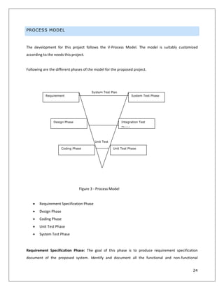 24
PROCESS MODEL
The development for this project follows the V-Process Model. The model is suitably customized
according to the needs this project.
Following are the different phases of the model for the proposed project.
Figure 3 - Process Model
 Requirement Specification Phase
 Design Phase
 Coding Phase
 Unit Test Phase
 System Test Phase
Requirement Specification Phase: The goal of this phase is to produce requirement specification
document of the proposed system. Identify and document all the functional and non-functional
Requirement
Specification Phase
Design Phase
Coding Phase Unit Test Phase
System Test Phase
System Test Plan
Unit Test
Plan
Integration Test
Phase
 