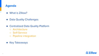 3
Agenda
● What is Zillow?
● Data Quality Challenges
● Centralized Data Quality Platform
○ Architecture
○ Self-Service
○ P...