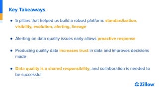 Key Takeaways
● 5 pillars that helped us build a robust platform: standardization,
visibility, evolution, alerting, lineag...