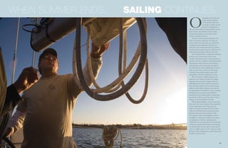 22 23
O
n possibly the last clear day
of fall, sunshine sparkles
off the pristine white boat
as a group of sailors venture
along the Columbia River.
The water has settled, an ideal condition for the
boat’s owner, Larry Johnson, who is steady-
footed and confident as he ties lines, turns
winches and adjusts the sail.
Johnson’s son, Paul, listens intently to his
father’s instruction and before too long, the
vessel, named “Q”, parts the waves and heads
into deeper waters. Johnson’s wife, Sue, for
which the boat is christened Susie Q), stands at
the helm and navigates between toothed rows of
multi-colored houseboats that line the shore.
The Columbia River is anything but deserted
and Q is one of many boats on the water.
Vessels of all creeds and sizes float passively up
and down the river. Airplanes departing Portland
International Airport break up conversations
with deafening roars as they pass over high in
the clear, blue sky. The Columbia River Freeway
traces a scenic route to the East. The group
is literally surrounded by planes, trains, and
automobiles and yet the ambiance is serene.
When it comes to hobbies, Johnson, 54,
claims just one: sailing. His interest or sailing
originated after moving to Oregon from his
upbringings in El Cajon, California. Johnson’s
first experience began when he started racing
sailboats with a friend. Eighteen years later, he
has participated in hundreds of races, occurring
throughout the year and in many different
locations, like the Swiftsure Race, a regatta that
can last up to 48 hours and runs from Astoria,
Oregon to Victoria, British Columbia.
The Swiftsure Regatta is one of many races
that come with a line o history. This competition
can be traced back to the 1930s, and even
today it is hosted by the Royal Victoria Yacht
Club every Memorial Day weekend and draws
attention from racers all around the world.
The weather is always unpredictable, with the
possibility of wind, rain, sunshine and at times,
a combination of all three. Nicknamed the
“Driftsure” race for years when the wind refuses
to blow, the regatta has left many racers drifting
at a leisurely pace on the water. It is also known
years of volatile storms. In 1971, vigorous winds
blowing 35 knots dismasted six yachts and forced
44 other vessels to retire.
When summer ends, sailing continues.
 