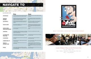 33
Pros Cons
INTERFACE
Clear interface with your blue-lit route, travel time, current street
traveling and upcoming street with turn display and distance.
Satellite viewing in the “Layers” feature makes route viewing
more difficult.
SEARCH
ENGINE
You will like the option to search by text or speech. Google
Navigation uses its reliable Google Maps data for results to
searches like “gas station,” and “restaurants.”
Speech searching is very precise. If you have a hard time
clearly pronouncing your words, you may want to stick to the
keypad.
ACCURACY
Directions are very accurate and includes clearly labeled street
names and “Street View” mode that shows a picture of your
destination.
After missing a turn, directions during rerouting sometimes
tell you to do an immediate u-turn or have you make
unnecessary turns to reconnect to your route.
VOICE-OVER
When reaching your destination, the voice-over indicates which
side of the road your destination is on.
It’s definitely not the most soothing voice you’ve ever heard.
While other devices have put an emphasis on improving
voice-over navigation, Google Navigation falls back into the
robotic era.
VOICE-OVER
RESPONSIVENESS
Slower street driving provides enough response time for proper
turn-by-turn directions.
Its response time during high-speed, highway driving seems
too slow.
UPDATES
Google Navigation trophies itself for having free, up-to-date maps
using its internet connectivity. You won’t have to pay for updated
maps like most portable devices.
We really don’t see anything bad about free updates.
ALTERNATIVE
ROUTING
Press one button to show alternative routes to your destination
with “Traffic View” that shows traveling conditions.
You won’t like the time it takes to retrieve your new directions
in the middle of driving.
COVERAGE
Google Navigation should prove well with most city driving within
3G coverage.
You may want to bring your Garmin or TomTom when
venturing outside 3G limits.
COMPATIBILITY
Phones using the Android 1.6 software or higher will be able to
run Google Navigation.
If you’re not using Android 1.6 software or higher, it might be
time to invest in a new phone.
SIZE VS
SCREEN SIZE
It’s good to have a portable GPS that’s not clunky and can fit in
your back pocket.
This really comes down to the type of phone you have.
Standard portable device screens run 4.3 inches, and newer
ones are expanding to 5 inches. Our hunch is, your mobile
screen probably won’t be this large, so be aware of frequent
squinting.
PRICE
Save the hundreds of dollars you would spend on a Garmin or
TomTom portable navigation device. The Google Navigation app is
free in the Android Market.
Don’t associate a free product with wort hless value. It does
its job in the GPS realm.
Navigate to Google GPS
words Shalamar Clark
Map courtesy of Google Maps
 