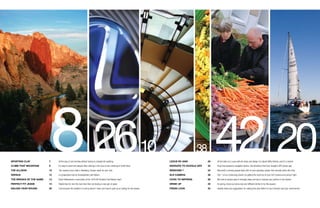 Sporting Clay		 7 	 All the joys of real hunting without having to actually kill anything.
Climb that Mountain 	 8	 It’s easy to meet new people when sharing in the love of rock climbing at Smith Rock.
The AllisoN 			 10	 The newest luxury hotel in Newberg, Oregon ready for your visit.
Versus			 12	 A comparative look at Snowboarders and Skiiers.
The Breaks of the Game	 13	 David Halberstam’s novel looks at the 1979-80 Portland Trail Blazers team.
Perfect Fit Jeans		 14	 Helpful tips for men the next time their out buying a new pair of jeans.
Sailing Year Round		 20	 Just because the weather’s crummy doesn’t mean you have to give up on sailing for the season.
Lexus RX 450h			 26	 All the style of a Lexus with the body and design of a Sport Utility Vehicle, and it’s a hybrid.
Navigate to Google GPS	 32	 Drop that expensive navigation device. Get directions free from Google’s GPS phone app.
Windows 7			 34	 Microsoft is winning people back with its new operating system that actually works this time.
SLR Camera			 36	 Part 1 of our continuing column on getting the most out of your SLR Camera and using it right.
Cook to Impress		 38	 We look at several easy to manage steps and tips to impress your partner in the kitchen.
Drink Up			 40	 Its spring, check out some new and different drinks to try this season.
Fresh Look			 42	 Healthy ideas and suggestions for making this year better for your stomach and your environment.
82610 42 2038
 