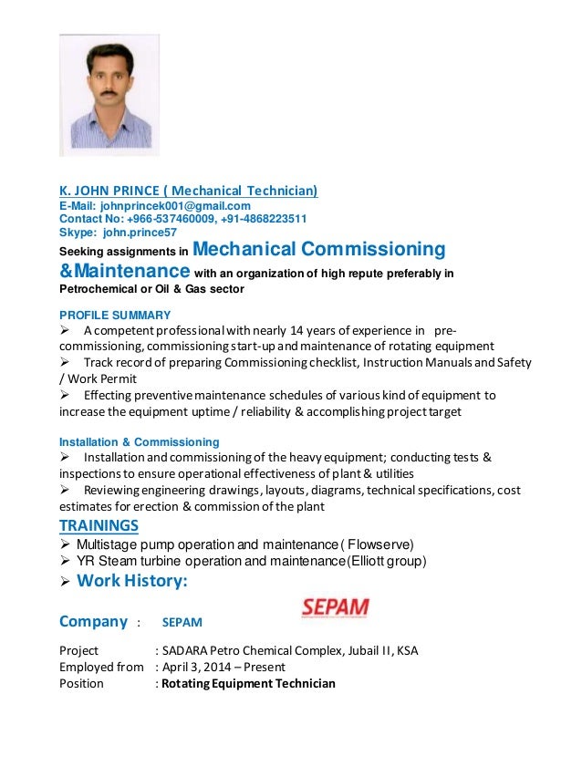 mechanical technician resumes