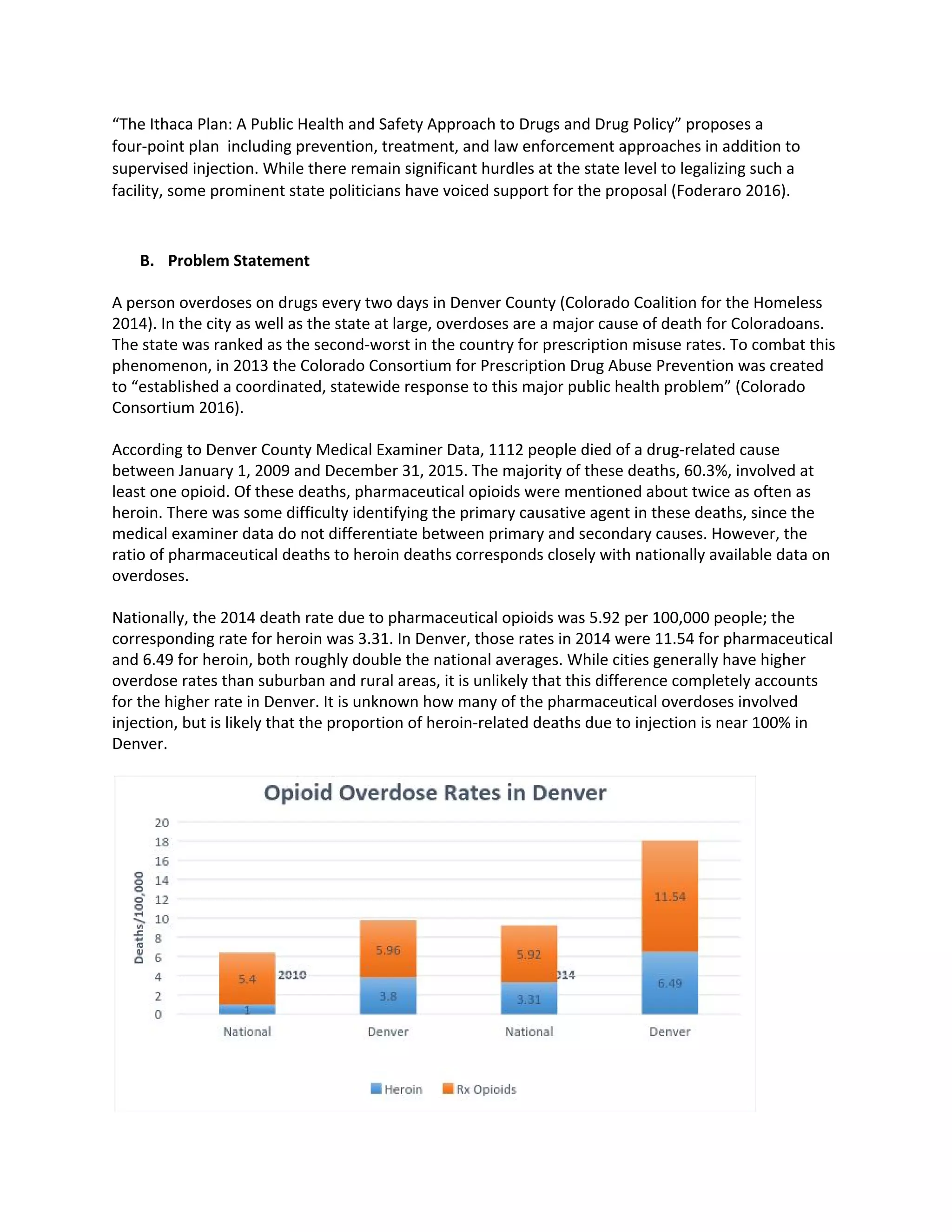 “The Ithaca Plan: A Public Health and Safety Approach to Drugs and Drug Policy” proposes a
four-point plan including prevention, treatment, and law enforcement approaches in addition to
supervised injection. While there remain significant hurdles at the state level to legalizing such a
facility, some prominent state politicians have voiced support for the proposal (Foderaro 2016).
B. Problem Statement
A person overdoses on drugs every two days in Denver County (Colorado Coalition for the Homeless
2014). In the city as well as the state at large, overdoses are a major cause of death for Coloradoans.
The state was ranked as the second-worst in the country for prescription misuse rates. To combat this
phenomenon, in 2013 the Colorado Consortium for Prescription Drug Abuse Prevention was created
to “established a coordinated, statewide response to this major public health problem” (Colorado
Consortium 2016).
According to Denver County Medical Examiner Data, 1112 people died of a drug-related cause
between January 1, 2009 and December 31, 2015. The majority of these deaths, 60.3%, involved at
least one opioid. Of these deaths, pharmaceutical opioids were mentioned about twice as often as
heroin. There was some difficulty identifying the primary causative agent in these deaths, since the
medical examiner data do not differentiate between primary and secondary causes. However, the
ratio of pharmaceutical deaths to heroin deaths corresponds closely with nationally available data on
overdoses.
Nationally, the 2014 death rate due to pharmaceutical opioids was 5.92 per 100,000 people; the
corresponding rate for heroin was 3.31. In Denver, those rates in 2014 were 11.54 for pharmaceutical
and 6.49 for heroin, both roughly double the national averages. While cities generally have higher
overdose rates than suburban and rural areas, it is unlikely that this difference completely accounts
for the higher rate in Denver. It is unknown how many of the pharmaceutical overdoses involved
injection, but is likely that the proportion of heroin-related deaths due to injection is near 100% in
Denver.
 