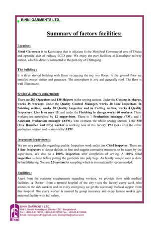 BINNI GARMENTS LTD.
164/1, South Kamalapur, Dhaka-1217, Bangladesh.
Tel : +880-2-8319031, +880-2-9333790 Fax : +88-02-8315860.
Email : binnigmts01@gmail.com, binnigmts@yahoo.com
BINNI GARMENTS LTD.
Summary of factory facilities:
Location:
Binni Garments is in Kamalapur that is adjacent to the Motijheel Commercial area of Dhaka
and opposite side of railway I.C.D gate. We enjoy the port facilities at Kamalapur railway
station, which is directly connected to the port city of Chittagong.
The building :
It is three storied building with Binni occupying the top two floors. In the ground floor we
installed power station and generator. The atmosphere is airy and generally cool. The floor is
well illuminated.
Sewing & other's department:
There are 250 Operators and 130 Helpers in the sewing section. Under the Cutting in charge,
works 25 workers. Under the Quality Control Manager, works 20 Line Inspectors. In
finishing section, works 20 Quality Inspector and in Cutting section, works 4 Quality
Inspectors. Line Iron man 15, and under the Finishing in charge works 60 workers. These
workers are supervised by 12 supervisors. There is 1 Production manager (PM), and 1
Assistant Production manager (APM), who oversees the whole sewing section. Total 550
(Five Hundred and fifty) worker is working now at this factory. PM looks after the entire
production section and is assisted by APM.
Inspection department :
We are very particular regarding quality. Inspectors work under one Chief inspector. There are
3 line inspectors to detect defects in line and suggest corrective measures to be taken by the
supervisors. We also do a 100% inspection after completion of sewing. A 100% final
inspection is done before putting the garments into poly bags. An hourly sample audit is done
before blistering. We use 2.5 system for sampling which is internationally recommended.
Facilities :
Apart from the statutory requirements regarding workers, we provide them with medical
facilities; A Doctor from a reputed hospital of the city visits the factory every week who
attends to the sick workers and on every emergency we get the necessary medical support from
that hospital. Our every worker is insured by group insurance and every female worker gets
maternal facility with full salary.
 