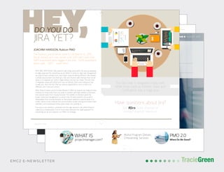 POSTCARD AND BUSINESS CARD DESIGN
TracieGreenTracieGreen
5
WELCOME TO THE ROCC!
The Aloha Program Details
Onboarding Services to the ROCC
QUALITY MATTERS CORNER
The Advantage:
Why Organizational
HealthTrumpsEverything
ElseinBusiness
by Patrick Lencioni
Getting Things Done:
The Art of Stress-Free
Productivity
by David Allen
The Phoenix Project:
A Novel About IT,
DevOps and Helping
Your Business Win
by Gene Kim
The following books are on the Rubicon Cloud Services bookshelf:
This month’s Quality Matters Corner is a reminder of the process introduced
by Cloud Operations several months ago concerning onboarding Services to the ROCC.
Rubicon Cloud Operations (RCO)
developed a method which they use to
ensure that they have what is needed
to “stand up” a service in the ROCC, a
critical component of onboarding.
The method, codenamed “Aloha”, acts
as its title suggests in that it’s used
to ingest a service to the ROCC
(which in this context also includes
MSG and QA). Aloha also covers services that
we’re dismounting from support.
Each team in RCO has identified a series of Deliver-
ables that requestors checklist through to ensure
that all aspects of the process are accounted for.
For all deliverables that aren’t applicable to a given
effort, they are exempted upon agreement by
authorized decision-makers.
The process is indifferent to any delivery method
chosen by the organization to check off the con-
tent. RCO deliverables can be managed via Agile,
Iterative, Hybrid, or other methods. The key is being
organized, which should raise the effectiveness of
the service’s support in the long run.
Please refer to the method in ICON, and feel free
to contact Dean Molette in RCO for any questions
regarding the Service Delivery Method.
AUGUST 2015
LEARN MORE
6
A
t a high level, PMO 2.0 is about embracing the
Agile Approach in everything we do in Rubicon,
especially in our project delivery efforts, so
that we get things done faster with shorter
cycle times. Bringing it down a level, we’re aiming to
accomplish the following objectives -
FASTER EXECUTION
“Getting things done faster” with shorter cycle times
Continue to hit target dates
EVOLVE APPROACH
Waterfall to Agile/Lean
Increase “agile maturity”
Expand scrum masters
Help the entire organization move to Agile thinking,
not just the software development team. With the
Leadership Team helping drive this initiative, we’ll
gain the following:
MATURE RESOURCE PLANNING
Overall project calendar
Resource allocation across Service Lines
Minimize unplanned work
This requires re-thinking our work culture, practices and
processes, and the tools that we use. This exercise also
addresses daily task assignments, resource forecasting
and planning, master project schedules and time track-
ing to determine how it can support accomplishing
infrastructure deployment work.
As a start, we defined the Rubicon Hybrid Project
Delivery Approach. In short, it means that we’ll adopt
the Scrum Methodology for our Software Development
efforts while using the Hybrid approach for non-SW
development efforts. The following graph depicts what
the Hybrid approach means.
WHERE DO WE STAND
on PMO 2.0?
f e a t u r e
Since March 2015, the PMO has been driving an initiative called
PMO 2.0. This culture-changing work is helping us become more
agile, deliver customer value faster, and is putting us in a much
stronger position for resource allocation planning. We are excited
to share the details of PMO 2.0 and where it stands now.
PAUL YU, Rubicon PMO
Project
Start
Project
End
SPRINT 1 SPRINT 2 SPRINT 3 SPRINT 4 SPRINT 5
MILESTONE DELIVERABLES
AUGUST 2015
Agile ApproachEmbracing
the
VOLUME 2 ISSUE 8 | AUGUST 2015
WHAT IS
projectmanager.com?
Aloha Program Details
Onboarding Services
PMO 2.0
Where Do We Stand?
EMC2 E-NEWSLETTER
7
HEY,DO YOU DO
JIRA YET?
The Rubicon Jira instance came to life March 13, 2015
(local install), and now serves over 250 users with over
5,675 issues/work items logged in Jira, wait… 5,676 issues/work
items, wait… 5,677 – never mind.
JOACHIM HANSSON, Rubicon PMO
WHY JIRA, WHY NOW? We wanted to get things done faster this year by adopting
an Agile approach for everything we do. When it comes to daily task management,
we used to have multiple tools, each team using something different. We needed
a simple, easy-to-learn tool that has a fast and intuitive web interface that would
allow us to organize our work in Agile fashion. Jira met our needs. The fact that
it integrates nicely with other tools such as GitHub, Slack and Confluence was
a huge plus. Also, the fact that our partner organizations, such as ASD and
VMware, use it was just a bonus.
Most Rubicon teams use Jira Kanban Boards. It offers an easy-to-use, drag-and-drop
interface to move tasks from one state to another with high visibility to blockers
that prevent tasks from moving forward. The visibility to blockers gives the
project team and management an instant view of what prevents the project/
deliverables from moving forward, so that proper attention could be given in a
timely manner. It also reduces the communication burden among the project team
members, since everybody knows what others are working on.
The easy-to-use interface, combined with the high adoption rate within Rubicon,
makes Jira a collaboration tool of choice that embraces the Agile approach for
everything we do and supports our PMO 2.0 strategy.
Have questions about Jira?
Join #jira Slack channel or
contact Joachim Hansson.
The fact that it integrates nicely with
other tools such as GitHub, Slack and
Confluence was a huge plus.
AUGUST 2015
 