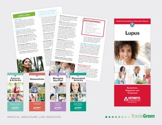 TracieGreenTracieGreen
3
ABOUT LUPUS
What Is Lupus?
Lupus is a chronic, or long-term, autoimmune
disease. People with lupus have an overactive and
misdirected immune system. Lupus is systemic,
meaning that it affects various parts of the body,
including joints, kidneys and other organs, skin,
blood and even the brain.
What are the Types of Lupus?
In general, when people mention lupus, they are
talking about systemic lupus erythematosus (SLE);
however, there are four main types of lupus.
Systemic lupus erythematosus (SLE). While
SLE generally is considered the most serious form
of lupus, cases range from very mild to severe. SLE
affects various parts of the body and can cause
joint pain, fatigue, hair loss, sensitivity to light,
fever, rash and kidney issues.
Cutaneous lupus erythematosus. Cutaneous
means “relating to the skin.” Cutaneous lupus can
cause rashes, lesions, hair loss, ulcers, photosensitiv-
ity or swelling of the blood vessels in the skin (vas-
culitis). There are three types of cutaneous lupus:
• Discoid lupus erythematosus (DLE) mainly
affects the skin. Discoid lupus lesions often
are red, raised and scaly. They usually do not
hurt, but they can cause scarring or perma-
nent skin discoloration. Discoid lesions also
are very photosensitive. Some people with
DLE will go on to develop SLE.
• Subacute cutaneous lupus erythematosus
causes extensive red scaly lesions on parts of
the body exposed to sun and artificial light,
commonly the arms, neck and shoulders.
Approximately 50 percent of people with
subacute cutaneous lupus also have SLE.
• Acute cutaneous lupus lesions occur in
people who are experiencing a flare of their
SLE. The most common form is a malar or
butterfly rash that resembles sunburn across
the bridge of the nose and cheeks.
Drug-induced lupus. Certain types of drugs that
treat chronic conditions such as hypertension, sei-
zures or rheumatoid arthritis can cause this type of
lupus. Drug-induced lupus mirrors SLE; however,
the symptoms often subside once the medicine is
discontinued.
Neonatal lupus. Though rare, neonatal lupus can
affect infants of women who have lupus. Antibod-
ies transferred from the mother to the baby in the
womb are the cause of neonatal lupus. In most
cases, the symptoms disappear after approximately
six months. Symptoms of neonatal lupus include
rash, liver problems and low blood cell counts.
Very rarely, an infant with neonatal lupus can have
a serious heart defect. Physicians usually can iden-
tify a mother who’s at risk, and the infant can be
treated at or before birth to minimize symptoms.
Neonatal lupus is not necessarily an indication
that the baby will develop lupus later in life.
2
Systemic lupus erythematosus
accounts for approximately 70
percent of all cases of lupus.
Both of these levels are markers for inflam-
mation. A high ESR or CRP combinedwith other signs of lupus can help make a
diagnosis and assess disease activity.Developing Your Lupus Treatment Plan
Lupus is likely to cause changes in your daily life,
but there is good news: Developments in lupus
management are moving at a rapid pace. While
some researchers are seeking new, more effective
and safer treatments for lupus, others are inves-
tigating possible causes or working to identify
potential risk factors for developing the disease.setting treatment goaLs and strategies
The first issues you will face after your lupus
diagnosis are treatment decisions. To help make
these choices, you need to understand the goals of
lupus treatment and how drugs are used to meet
these goals.
Why is it important to seeyour doCtor reguLarLy?You and your doctor each play a role in making
sure your lupus treatment is as safe as possible.
Once treatment starts, it is monitored with regu-
lar office visits and blood tests, many of which
measure levels of proteins in the blood that sig-
nal the presence of inflammation and antibodies
in the blood. More frequent office visits and
9
8
– Blood chemistry tests and urine studies.
These tests can help determine whether
your organs, such as the kidneys and liver,
are functioning normally.
– Biopsy. Taking a small piece of tissue from a
rash or from the kidney when lupus is active
can help definitively diagnose the disease.– Anti-nuclear antibody (ANA). If your
rheumatologist suspects lupus, he or she
will order an ANA test, which detects a
group of proteins found in the blood of
people with lupus. These autoantibodies
attack the body’s own cells. While this test
alone does not diagnose lupus, paired with
other symptoms and lab results, it can
help confirm a diagnosis.
– Antibody testing. If your ANA is posi-
tive, your doctor may order for specific
antibody tests. Antiphospholipid antibod-
ies, including cardiolipin, are common in
lupus. They are associated with an in-
creased risk for blood clotting, strokes and
recurrent miscarriages.
– Complement proteins. This blood test
measures the level of complement proteins
in your blood. People with lupus oftenhave reduced levels of complement, which
can indicate active lupus.
– Erythrocyte sedimentation rate (ESR, or
“sed rate”) and C-reactive protein (CRP).
•	Stop	inflammation	(put disease in remission)•	Relieve	symptoms
•	Prevent	flares	–	periods	when	pain,	
rash and fatigue increases•	Prevent	organ	damage•	Improve	physical	function	and	overall	
well-being
Goals of LupusTreatment
Arthritis Foundation Education Series
Symptoms,
Diagnosis and
Treatment
Lupus
MEDICAL BROCHURE LINE REDESIGN
Arthritis Foundation Education Series
Reduce pain and stiffness
with physical activity
Exercise
& Arthritis
Arthritis Foundation Education Series
Understanding Its
Symptoms, Diagnosis
and Treatments
Rheumatoid
Arthritis
Arthritis Foundation Education Series
Causes of pain
and tips for
taking control
Managing
Your Pain
Arthritis Foundation Education Series
Prevention, causes
and treatments
Osteoarthritis
 