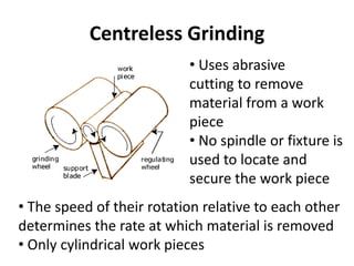 Centreless Grinding
• Uses abrasive
cutting to remove
material from a work
piece
• No spindle or fixture is
used to locate and
secure the work piece
• The speed of their rotation relative to each other
determines the rate at which material is removed
• Only cylindrical work pieces
 