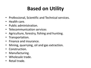 Based on Utility
• Professional, Scientific and Technical services.
• Health care.
• Public administration.
• Telecommunication services
• Agriculture, forestry, fishing and hunting.
• Transportation.
• Finance and insurance.
• Mining, quarrying, oil and gas extraction.
• Construction.
• Manufacturing.
• Wholesale trade.
• Retail trade.
 