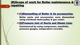 (B)Scope of work for Boiler maintenance &
repairing
(1)Dismantling of Boiler & its accessories:
Boiler parts and accessories were dismantled
using overhead chain-pulley & gas cutter.
(2)Pressure test of Ducts and Steam Line:
Commenced by using compressor, manifolds,
pressure gauges, temperature recorder.
11
 