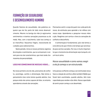 29
Formação da sexualidade
e desenvolvimento humano
Quando falamos de sexualidade, não podemos es-
quecer que ela faz parte de todo nosso desenvol-
vimento. Mesmo na barriga da mãe já registramos
sentimentos e vivemos sensações prazerosas ou de
medo. Mas, com o nascimento, tudo isso começa a
se intensificar. Nascemos frágeis, necessitando de
cuidados para sobrevivermos.
Neste período, inicia os nossos primeiros registros
de emoções e sentimentos, que se armazenam e ser-
vem para nos dar características, que mais tarde cha-
maremos de personalidade.
Logo no comecinho de nossas vidas...
No nosso primeiro ano de vida, precisamos de confor-
to, aconchego, carinho e alimentação. Não temos o
pensamento claro como temos quando adultos. Isso
porque ainda não somos capazes de falar, no entanto,
aprendemos através das sensações.
Precisamos sentir o corpo de quem nos cuida perto do
nosso, de estímulos para aprender a ter reflexo com
nosso corpo. Aprendemos a pesquisar nossas mãos
e pés. Reagimos com sorriso e choro às sensações de
conforto e desconforto.
A alimentação é fundamental, pois não temos a
consciência do que é fome e do tempo que será leva-
do para sermos saciados. Por isso, é muito importan-
te que o momento da alimentação seja tranquilo, em
um local calmo.
Nossa sexualidade e como vamos reagir
a ela já começa a ser estruturada.
Uma pessoa confiante começa a ser estimulada nessa
fase e a relação de carinho e afeto também! Bebês que
foram bem acarinhados, quando adultos, têm mais
capacidade para receber e dar afeto. Nossa capacidade
de sentir prazer começa a ser desenhada.
 