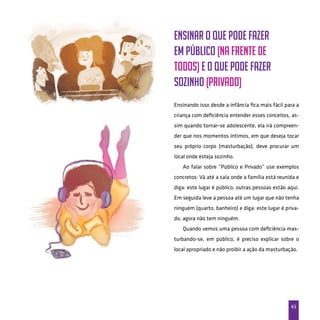 43
Ensinar o que pode fazer
em público (na frente de
todos) e o que pode fazer
sozinho (privado)
Ensinando isso desde a infância fica mais fácil para a
criança com deficiência entender esses conceitos, as-
sim quando tornar-se adolescente, ela irá compreen-
der que nos momentos íntimos, em que deseja tocar
seu próprio corpo (masturbação), deve procurar um
local onde esteja sozinho.
Ao falar sobre “Público e Privado” use exemplos
concretos: Vá até a sala onde a família está reunida e
diga: este lugar é público, outras pessoas estão aqui.
Em seguida leve a pessoa até um lugar que não tenha
ninguém (quarto, banheiro) e diga: este lugar é priva-
do, agora não tem ninguém.
Quando vemos uma pessoa com deficiência mas-
turbando-se, em público, é preciso explicar sobre o
local apropriado e não proibir a ação da masturbação.
 