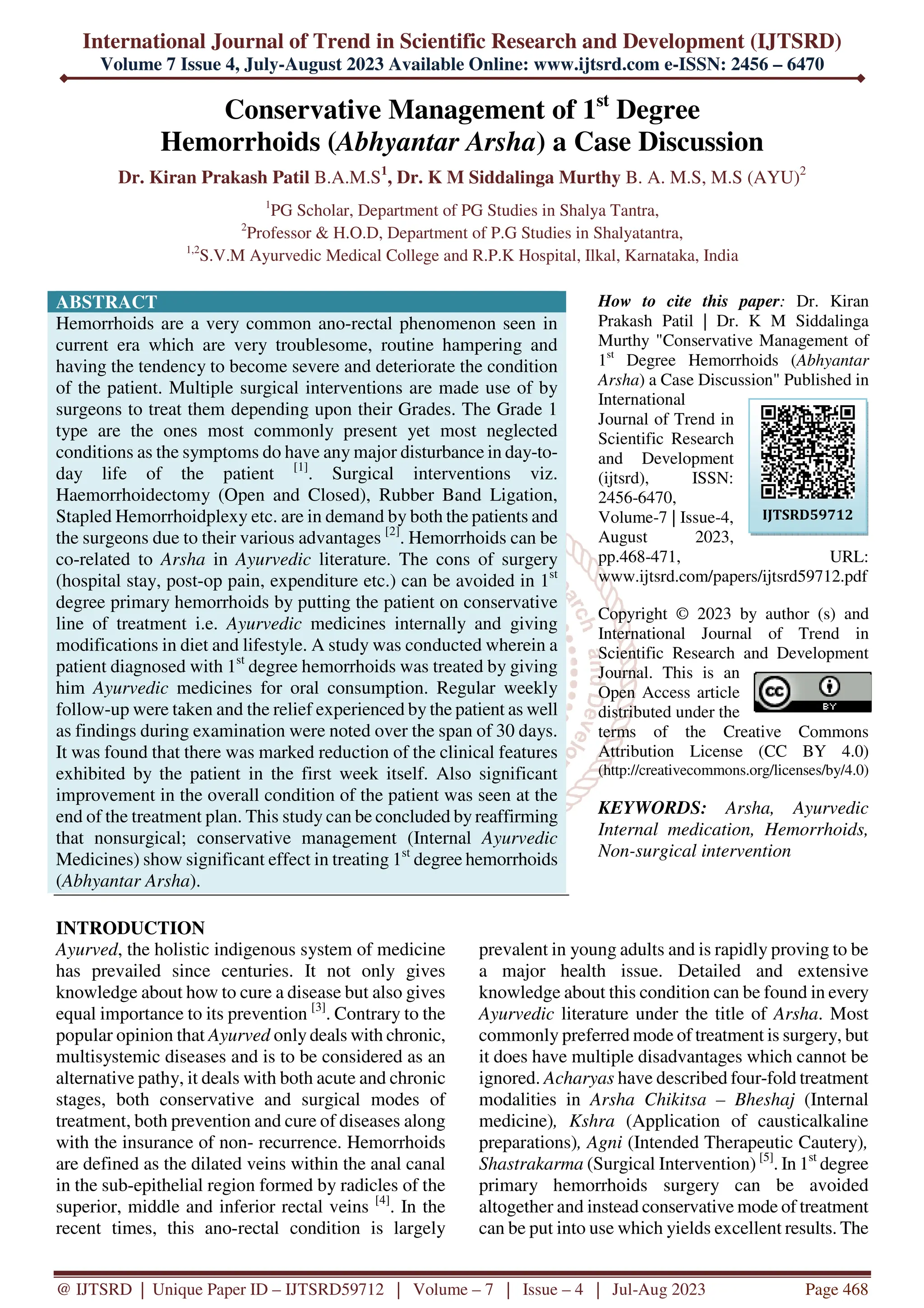 Conservative Management of 1st Degree Hemorrhoids Abhyantar Arsha a