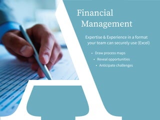 Financial
Management
• Draw process maps
• Reveal opportunities
• Anticipate challenges
Expertise & Experience in a format
your team can securely use (Excel)
 