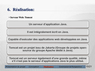 15
Un serveur d’application Java.
Il est intégralement écrit en Java.
Capable d'exécuter des applications web développées en Java.
Tomcat est un projet issu de Jakarta (Groupe de projets open-
source du groupe Apache dédié à Java).
Tomcat est un serveur également d'une grande qualité, même
s'il n'est pas le serveur d'applications Java le plus utilisé.
6. Réalisation:
• Serveur Web: Tomcat
15/21Présentation du projet Conception Réalisation Conclusion & Perspective
 