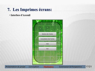 17
7. Les Imprimes écrans:
17/21Présentation du projet Conception Réalisation Conclusion & Perspective
 