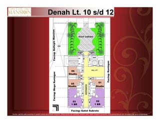 8Gambar- gambar pada persentasi ini adalah ilustrasi dari tahapan bangunan, design,ukuran dan spesifikasi sewaktu-waktu dapat mengalami perubahan tanpa pemberitahuan dan merupakan hak penuh pengembang.
DenahDenah Lt. 10Lt. 10 s/ds/d 1212
 