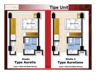 9Gambar- gambar pada persentasi ini adalah ilustrasi dari tahapan bangunan, design,ukuran dan spesifikasi sewaktu-waktu dapat mengalami perubahan tanpa pemberitahuan dan merupakan hak penuh pengembang.
TipeTipe UnitUnit
Studio Studio 2
 