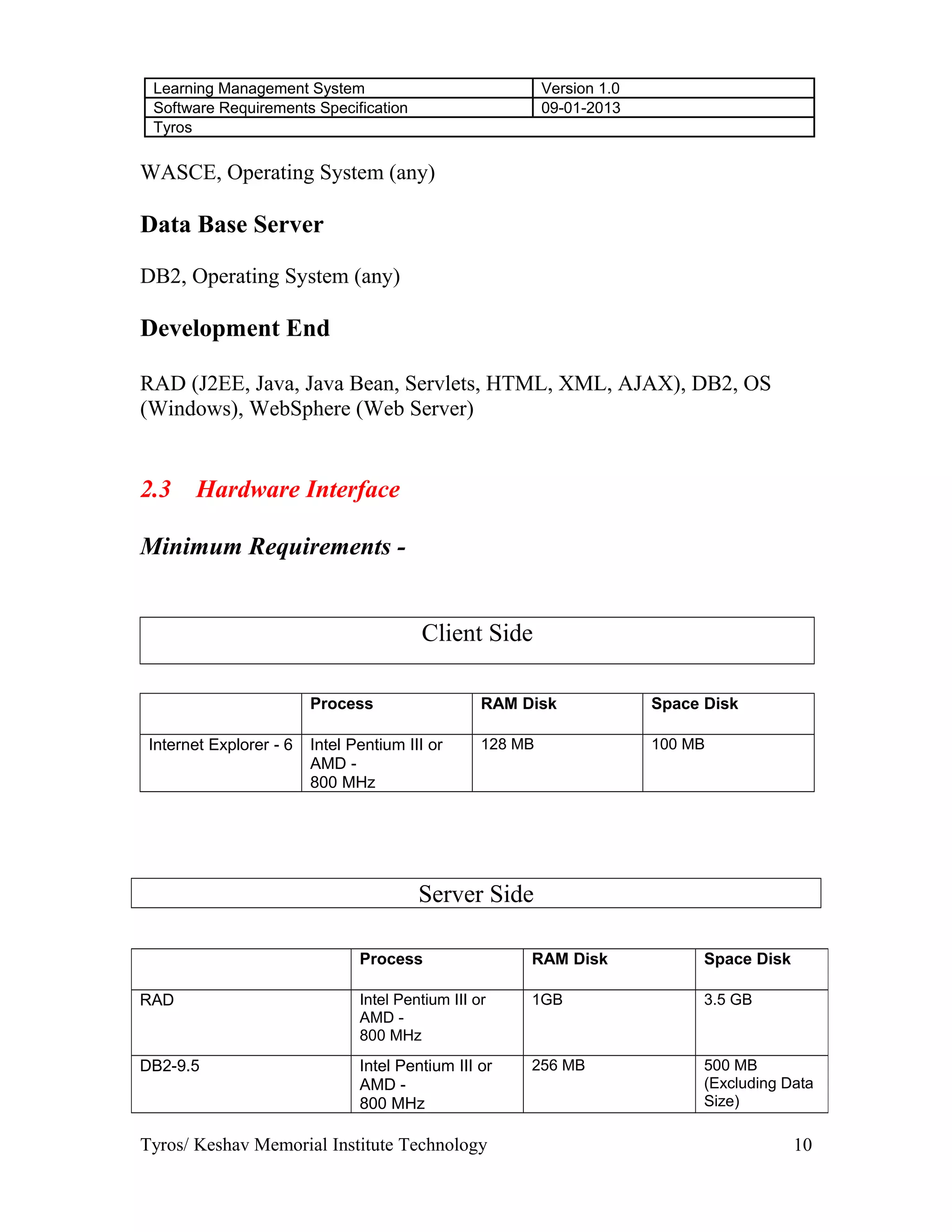 Learning Management System Version 1.0
Software Requirements Specification 09-01-2013
Tyros
WASCE, Operating System (any)
Data Base Server
DB2, Operating System (any)
Development End
RAD (J2EE, Java, Java Bean, Servlets, HTML, XML, AJAX), DB2, OS
(Windows), WebSphere (Web Server)
2.3 Hardware Interface
Minimum Requirements -
Client Side
Process RAM Disk Space Disk
Internet Explorer - 6 Intel Pentium III or
AMD -
800 MHz
128 MB 100 MB
Server Side
Tyros/ Keshav Memorial Institute Technology
Process RAM Disk Space Disk
RAD Intel Pentium III or
AMD -
800 MHz
1GB 3.5 GB
DB2-9.5 Intel Pentium III or
AMD -
800 MHz
256 MB 500 MB
(Excluding Data
Size)
10
 