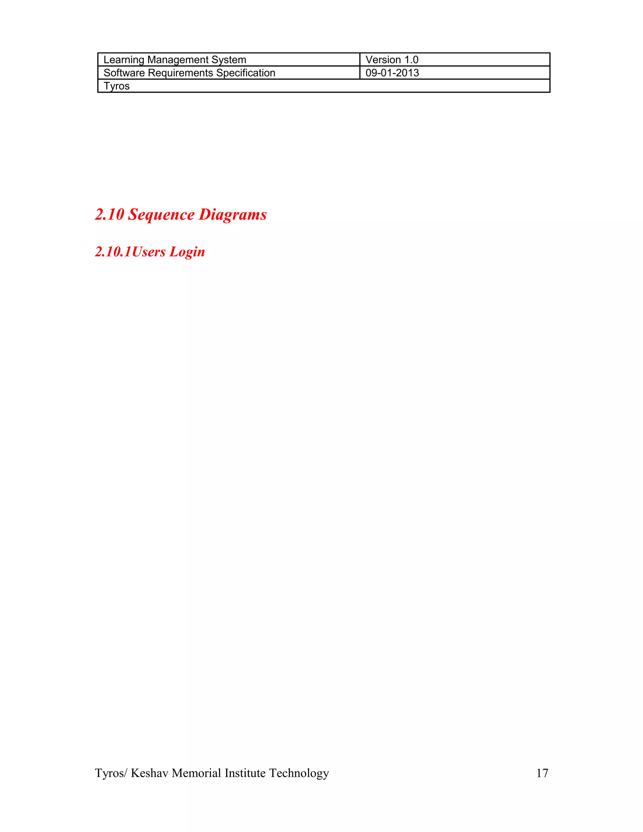 Learning Management System Version 1.0
Software Requirements Specification 09-01-2013
Tyros
2.10 Sequence Diagrams
2.10.1Users Login
Tyros/ Keshav Memorial Institute Technology 17
 