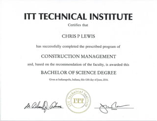 ITT Tech-Diploma-Bachelors Degree-Construction Management