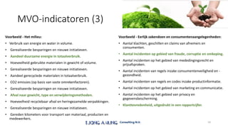 MVO-indicatoren (3)
Voorbeeld - Het milieu:
• Verbruik van energie en water in volume.
• Gerealiseerde besparingen en nieuwe initiatieven.
• Aandeel duurzame energie in totaalverbruik.
• Hoeveelheid gebruikte materialen in gewicht of volume.
• Gerealiseerde besparingen en nieuwe initiatieven.
• Aandeel gerecyclede materialen in totaalverbruik.
• CO2 emissies (op basis van vaste omrekenfactoren).
• Gerealiseerde besparingen en nieuwe initiatieven.
• Afval naar gewicht, type en verwijderingsmethoden.
• Hoeveelheid recyclebaar afval en heringezamelde verpakkingen.
• Gerealiseerde besparingen en nieuwe initiatieven.
• Gereden kilometers voor transport van materiaal, producten en
medewerkers.
Voorbeeld - Eerlijk zakendoen en consumentenaangelegenheden:
• Aantal klachten, geschillen en claims van afnemers en
consumenten.
• Aantal incidenten op gebied van fraude, corruptie en omkoping.
• Aantal incidenten op het gebied van mededingingsrecht en
prijsafspraken.
• Aantal incidenten van regels inzake consumentenveiligheid en -
gezondheid.
• Aantal incidenten van regels en codes inzake productinformatie.
• Aantal incidenten op het gebied van marketing en communicatie.
• Aantal incidenten op het gebied van privacy en
gegevensbescherming.
• Klanttevredenheid, uitgedrukt in een rapportcijfer.
10
 