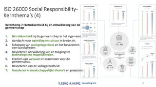 ISO 26000 Social Responsibility-
Kernthema’s (4)
Kernthema 7: Betrokkenheid bij en ontwikkeling van de
gemeenschap
1. Betrokkenheid bij de gemeenschap in het algemeen.
2. Aandacht voor opleiding en cultuur in brede zin.
3. Scheppen van werkgelegenheid en het bevorderen
van vaardigheden.
4. Bevorderen ontwikkeling van en toegang tot
technologische mogelijkheden.
5. Creëren van welvaart en inkomsten voor de
gemeenschap.
6. Bevorderen van de volksgezondheid.
7. Investeren in maatschappelijke thema’s en projecten.
16
 