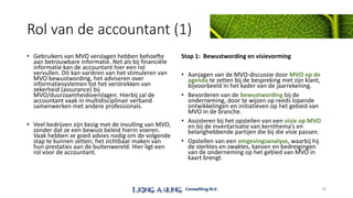 Rol van de accountant (1)
• Gebruikers van MVO verslagen hebben behoefte
aan betrouwbare informatie. Net als bij financiële
informatie kan de accountant hier een rol
vervullen. Dit kan variëren van het stimuleren van
MVO bewustwording, het adviseren over
informatiesystemen tot het verstrekken van
zekerheid (assurance) bij
MVO/duurzaamheidsverslagen. Hierbij zal de
accountant vaak in multidisciplinair verband
samenwerken met andere professionals.
• Veel bedrijven zijn bezig met de invulling van MVO,
zonder dat ze een bewust beleid hierin voeren.
Vaak hebben ze goed advies nodig om de volgende
stap te kunnen zetten; het zichtbaar maken van
hun prestaties aan de buitenwereld. Hier ligt een
rol voor de accountant.
Stap 1: Bewustwording en visievorming
• Aanjagen van de MVO-discussie door MVO op de
agenda te zetten bij de bespreking met zijn klant,
bijvoorbeeld in het kader van de jaarrekening.
• Bevorderen van de bewustwording bij de
onderneming, door te wijzen op reeds lopende
ontwikkelingen en initiatieven op het gebied van
MVO in de branche.
• Assisteren bij het opstellen van een visie op MVO
en bij de inventarisatie van kernthema’s en
belanghebbende partijen die bij die visie passen.
• Opstellen van een omgevingsanalyse, waarbij hij
de sterktes en zwaktes, kansen en bedreigingen
van de onderneming op het gebied van MVO in
kaart brengt.
18
 