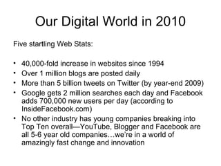 Our Digital World in 2010
Five startling Web Stats:
• 40,000-fold increase in websites since 1994
• Over 1 million blogs are posted daily
• More than 5 billion tweets on Twitter (by year-end 2009)
• Google gets 2 million searches each day and Facebook
adds 700,000 new users per day (according to
InsideFacebook.com)
• No other industry has young companies breaking into
Top Ten overall—YouTube, Blogger and Facebook are
all 5-6 year old companies…we’re in a world of
amazingly fast change and innovation
 