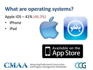What are operating systems?
Apple iOS – 41% (46.3%)
• iPhone
• iPad
 