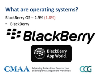 What are operating systems?
BlackBerry OS – 2.9% (1.8%)
• BlackBerry
 