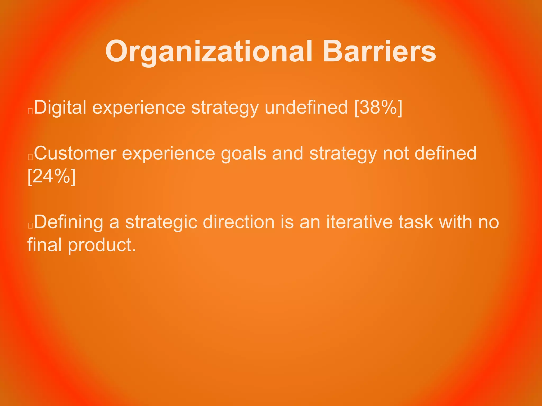 Organizational Barriers
Digital experience strategy undefined [38%]
Customer experience goals and strategy not defined
[24%]
Defining a strategic direction is an iterative task with no
final product.
 