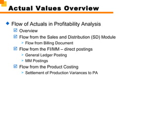 Actual Values Overview
 Flow of Actuals in Profitability Analysis
 Overview
 Flow from the Sales and Distribution (SD) Module
 Flow from Billing Document
 Flow from the FI/MM – direct postings
 General Ledger Posting
 MM Postings
 Flow from the Product Costing
 Settlement of Production Variances to PA
 