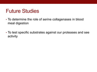 Future Studies
• To determine the role of serine collagenases in blood
meal digestion
• To test specific substrates against our proteases and see
activity
 