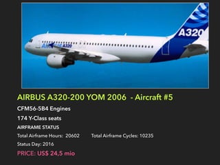 AIRBUS A320-200 YOM 2006 - Aircraft #5
CFM56-5B4 Engines
174 Y-Class seats
AIRFRAME STATUS
Total Airframe Hours: 20602 Total Airframe Cycles: 10235
Status Day: 2016
PRICE: US$ 24,5 mio  
 
 