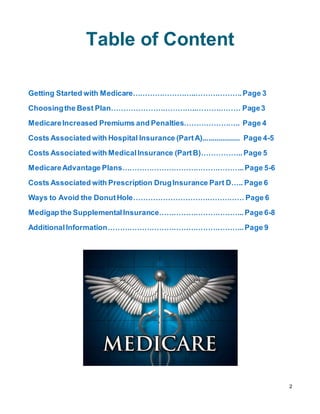 2
Table of Content
Getting Started with Medicare……………………..……………….Page 3
Choosingthe Best Plan……………………………..……………… Page3
MedicareIncreased Premiums and Penalties………………….. Page 4
Costs Associated with Hospital Insurance (PartA)................... Page 4-5
Costs Associated with MedicalInsurance (PartB)……………..Page 5
MedicareAdvantage Plans…………………………………………..Page 5-6
Costs Associated with Prescription DrugInsurance Part D….. Page 6
Ways to Avoid the DonutHole……………………………………… Page 6
Medigap the SupplementalInsurance……………………………..Page 6-8
AdditionalInformation………………………………………………..Page 9
 