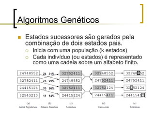 Algoritmos Genéticos
 Estados sucessores são gerados pela
combinação de dois estados pais.
 Inicia com uma população (k estados)
 Cada indivíduo (ou estados) é representado
como uma cadeia sobre um alfabeto finito.
 .
33
 