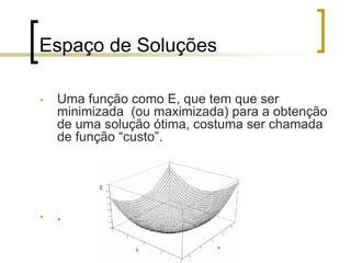 Espaço de Soluções
• Uma função como E, que tem que ser
minimizada (ou maximizada) para a obtenção
de uma solução ótima, costuma ser chamada
de função “custo”.
• .
 